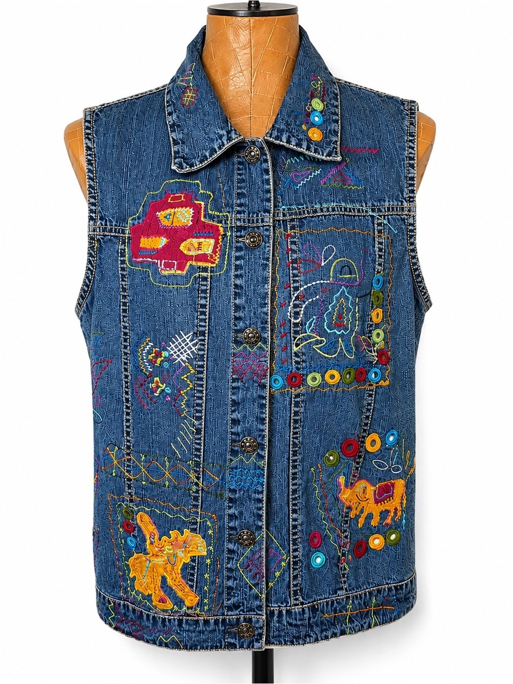 Chico’s Embroidered Denim Vest Boho Artisan Western Size 2